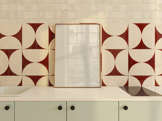 Frame mockup on kitchen countertop, retro interior design scene. Blank poster, wood frame, light reflection.