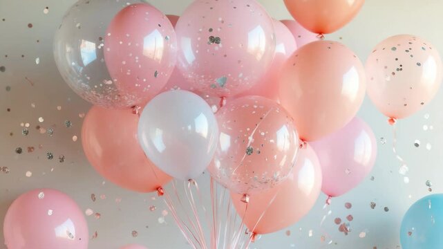 A bunch of pink and transparent air balloons adorned with silver confetti, ample space for text, gentle pastel tones for a festive event