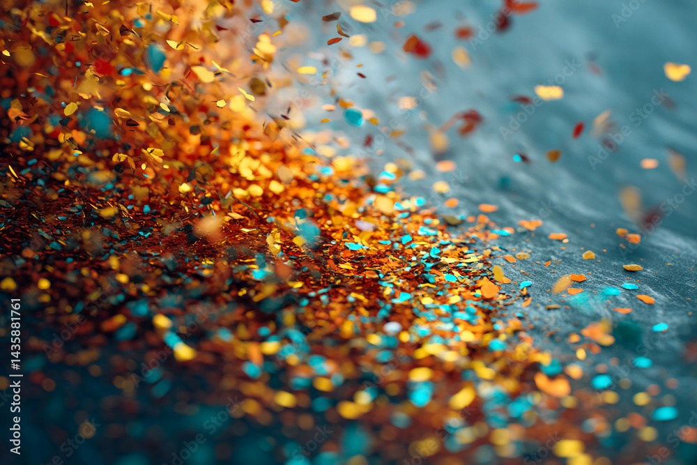 Poster golden and teal glitter scattered on dark surface, some pieces in motion, creating a festive and vib
