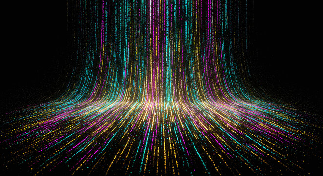 Abstract binary code cascading down in a fluid motion, with light streaks and digital distortions.