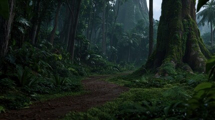Fototapeta premium Misty jungle path through dense foliage
