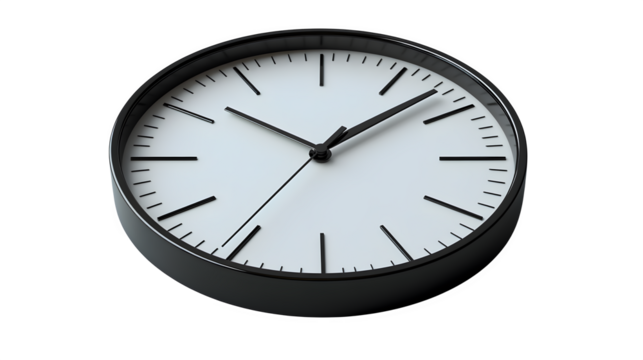 Simple modern wall clock with clear face and clean design isolated on white background