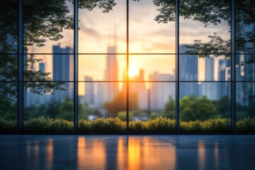 City sunset through large windows