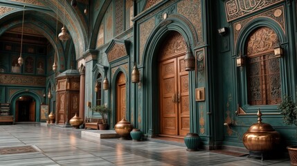 Obraz premium Elegant Islamic courtyard with carved wooden doors, brass decor, and sapphire-toned walls