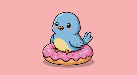 Delightful Cartoon Bird Perched on Pink Sprinkled Donut