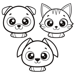 Sweet Puppy and Kitten Group Cartoon Coloring Page Illustration