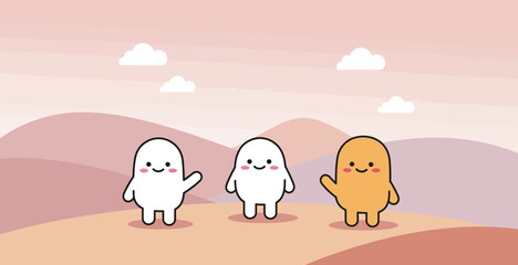 Friendly White Blob Waving in a Pastel Landscape