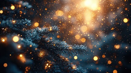 Enchanted Winter: Snow-Kissed Pine with Bokeh Lights creating magical ambiance