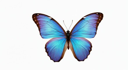 Isolated close up of a vibrant blue butterfly with wings spread on a clean white background studio shot