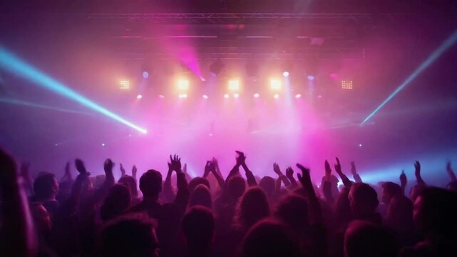 A vibrant concert scene with colorful laser lights and a cheering crowd, captured from a low-angle, reminiscent of a live music video experience 4k