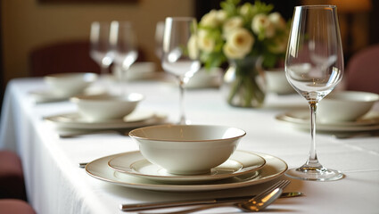 Fototapeta premium Table Setting. Symmetrically arranged cutlery and plates on the tablecloth. A festive table.
