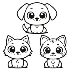 Charming Trio of Puppy and Kittens Cartoon Coloring Page
