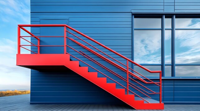 Bold red staircase against a striking blue building exterior, leading upwards, a dynamic scene. - Powered by Adobe