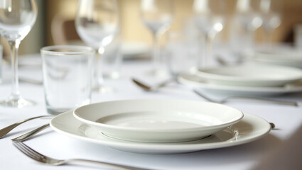 Table Setting. Symmetrically arranged cutlery and plates on the tablecloth. A festive table.