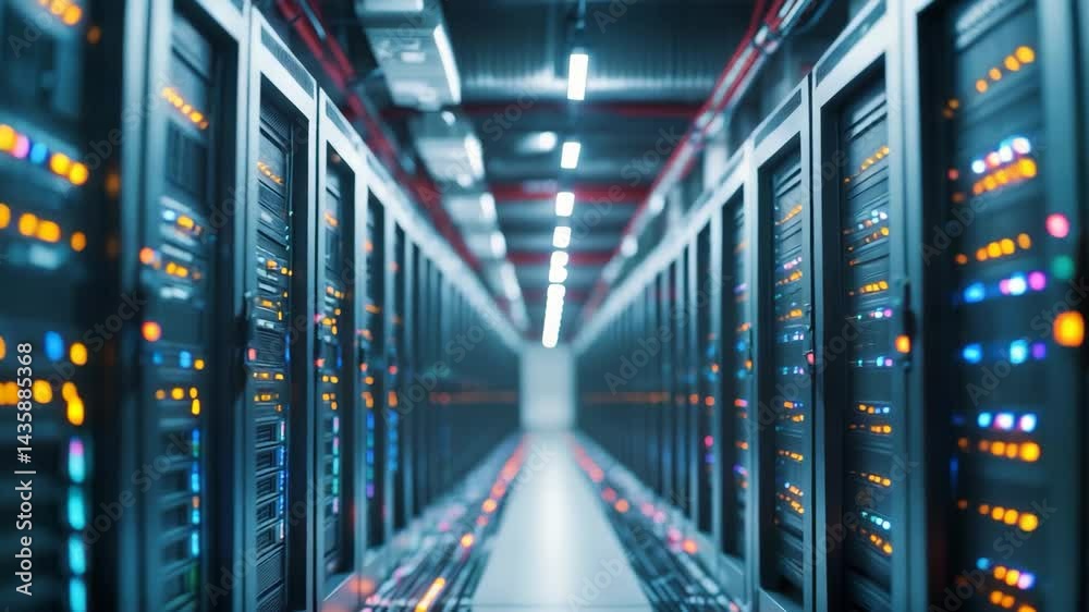 Poster faded corridor scene in a spacious server data center with rack servers and supercomputers