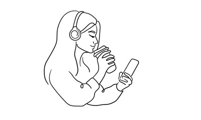 Woman drink coffee with phone, line art drawing. Barista made tea on white background. Enjoying the moment now. Vector illustration