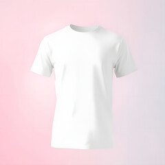 A promotional photograph of a plain white t-shirt, sharply focused against a softly blurred bokeh background featuring a smooth gradient transition. Seamless color blending ensures a clean aesthetic.