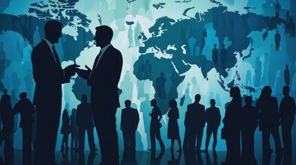 Silhouettes of business men talk about trade, global team work, partnership