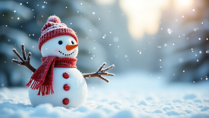 Obraz premium Snowy Delight: A charming snowman, adorned with a vibrant hat and scarf, stands amidst a serene snow-covered winter scene, snowflakes gently dancing in the air.
