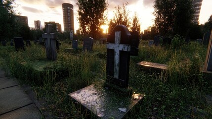 Urban cemetery at sunset, overgrown graves, city skyline in background.  Possible use Stock photo for book cover, movie poster, or game art