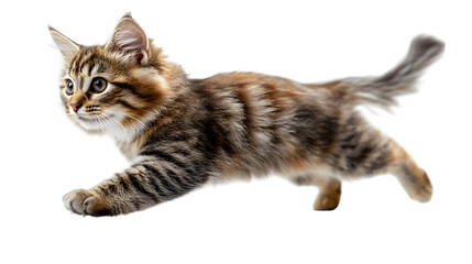 Obraz premium Playful cat running mid-stride, full motion capture, isolated on white background