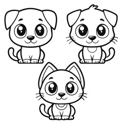 Playful Puppy and Kitten Trio Black and White Coloring Illustration