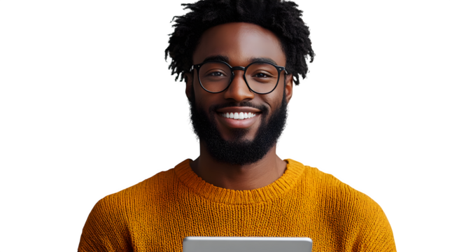 Smiling man holding a tablet and looking at the screen, isolated on white background