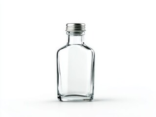 Empty glass bottle with metal cap on white background
