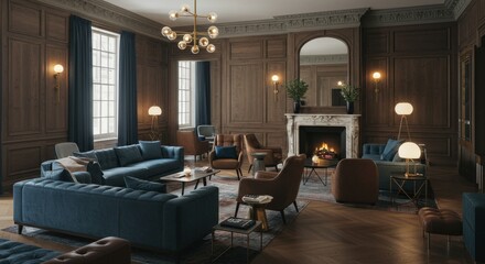 Obraz premium Elegant Living Room Interior Design - Luxurious living room with dark wood paneling, comfortable blue sofas, and a fireplace. Perfect for high-end real estate, hospitality, or interior design websites