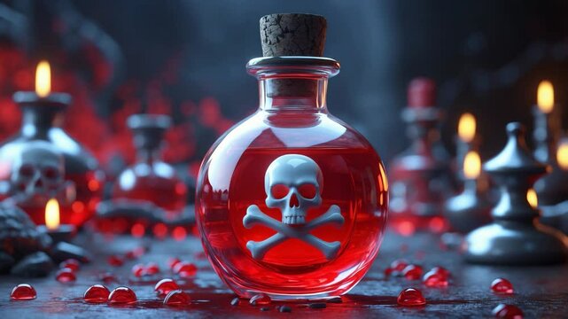Toxic Potion Bottle - Transparent Glass Flask with Cork, Containing Bright Red Liquid and Warning Symbols, Illustration of Dangerous Alchemy for Dark Fantasy and Poison