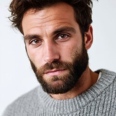 Obraz premium A man with a beard wearing a gray sweater