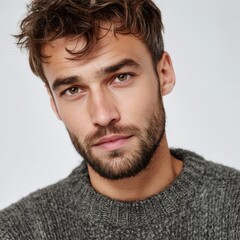 Obraz premium A man with a beard wearing a gray sweater