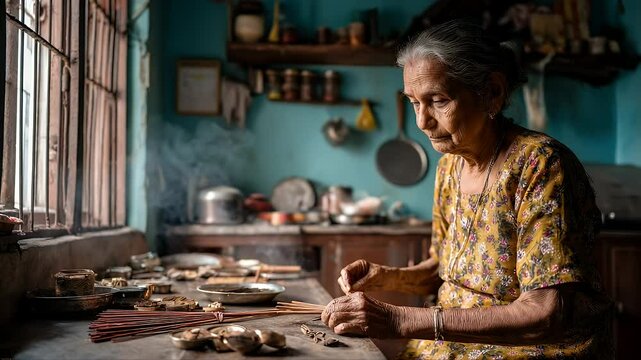 Elderly Woman Preparing Ingredients in Traditional Kitchen with Natural Light and Vintage Decor