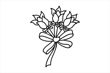 Single line flower bouquet tied with a bow, all in one stroke
