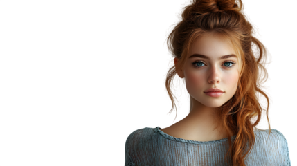 Portrait of a young woman walking away from the camera, back view, isolated on white background