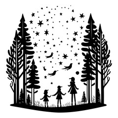 Enchanting forest night scene with family gazing at stars and flying birds