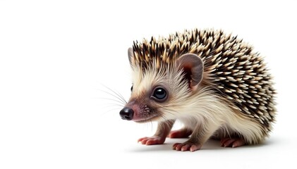 Fototapeta premium Tiny hedgehog curled, isolated on pure white background, wildlife, image, white background