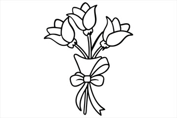 Single line flower bouquet tied with a bow, all in one stroke