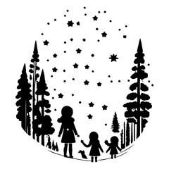 Silhouette of family in a serene forest with stars, offering a peaceful scene