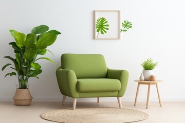 Green Armchair In Modern Living Room With Potted Plants