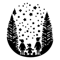 Silhouette of a family stargazing in a winter forest under a starry sky