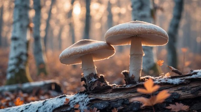 Fomitopsis betulina, found on the lifeless old trunk of birch. Close-up shot from a snowy winter forest.
