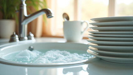 Dishwashing. Warm soapy water fills the sink with clean plates ready for drying.