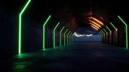 Fototapeta premium Futuristic neon tunnel, concrete corridor, ocean view, stormy sky