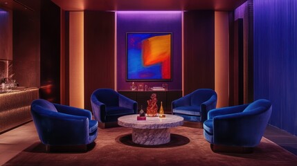 Elegant living room with stylish blue armchairs around a marble table, cozy vibe