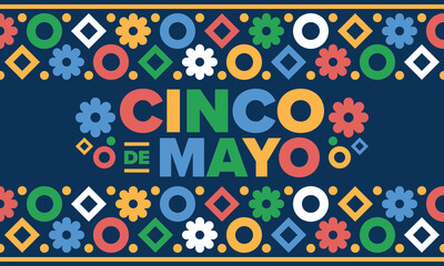 Cinco de Mayo in Mexico. Traditional mexican fiesta in May. National happy holiday with carnival, festival and parade. Latin american and spanish pattern. Illustration with sombrero. Vector poster