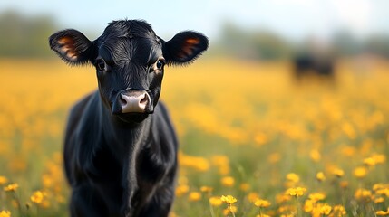 Black calf in yellow flower field