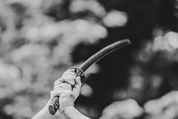 日本刀を上段に振りかぶる