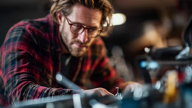 Focused Man Working Intently on Machinery in a Well-Lit Workshop with Modern Tools