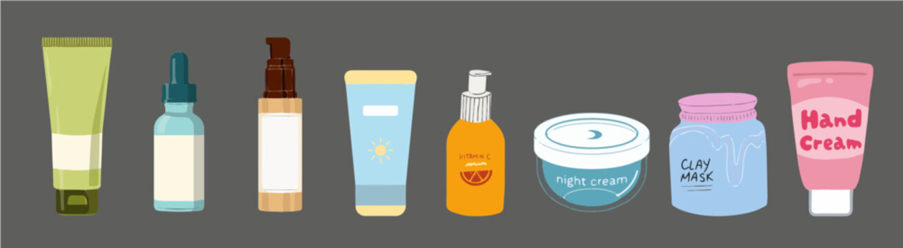 Decorations for skincare containers and jars themed around skincare care from cleansing to sleeping